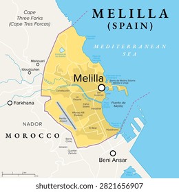 Melilla, exclave of Spain, political map. Autonomous city on the North African coast along the Mediterranean Sea bordered by Morocco. Special territory of members of the European Economic Area. Vector