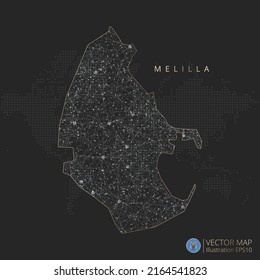 Melilla map abstract geometric mesh polygonal light concept with black and white glowing contour lines countries and dots on dark background. Vector illustration.
