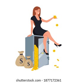 Melioneer girl sits on a safe with a pile of gold. Rich people. Wealthy woman and millionaire