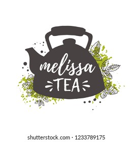 Melissa tea concept design. Kettle. Hand drawn vector illustration. Can be used for cafe, market, menu, shop, bar, restaurant, poster, label, sticker, logo.