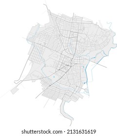Melitopol, Zaporizhia Oblast, Ukraine high resolution vector map with city boundaries and outlined paths. White additional outlines for main roads. Many detailes. Blue shapes and lines for water.