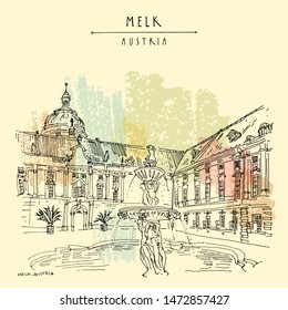 Melk. Austria, Europe. Fountain at Prelate's Courtyard in Melk Benedictine Abbey. Hand drawing. Travel sketch. Vintage touristic postcard, poster, brochure or book illustration in vector