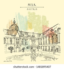 Melk, Lower Austria. Austria, Europe. Fountain at Prelate's Courtyard in Melk Benedictine Abbey. Hand drawing. Travel sketch. Vintage touristic postcard, poster, brochure or book illustration. Vector