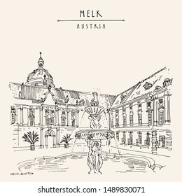 Melk, Lower Austria. Austria, Europe. Fountain at Prelate's Courtyard in Melk Benedictine Abbey. Hand drawing. Travel sketch. Vintage touristic postcard, poster, brochure or book illustration. Vector