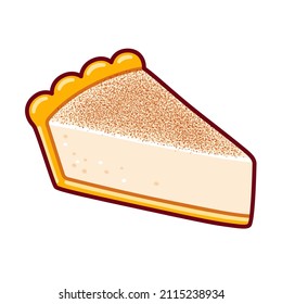 Melktert, traditional South African milk tart. Custard dessert in sweet pastry crust. Cartoon drawing, vector clip art illustration.