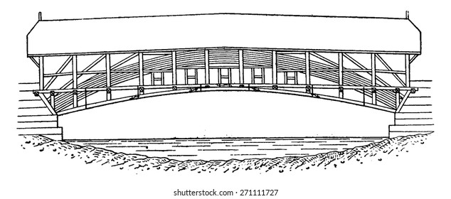 Mellingen Holzbrücke auf der Reuss, vintage gravierte Illustration. Industrielle Enzyklopädie E.-O. Lami - 1875.