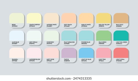 Paleta de colores suaves, Paleta de guías de colores suaves con nombres de colores. Catálogo Muestras de Pasteles con códigos y nombres RGB HEX. Vector de la paleta de los Colores de Mellow Pastel, paleta del color de Mellow Trend