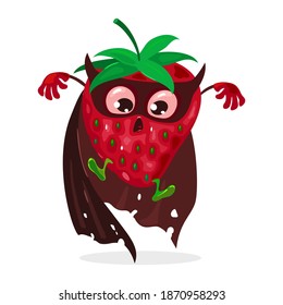 Mellow superhero summer fruit with green tail in coat and eye bandage. Vector fresh mellow fruit, healthy eating, vegetarian food, snack and diet design isolated on white background