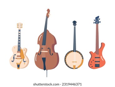 Melodic, Rhythmic, And Soulful, String Jazz Instruments Electric and Bass Guitar, Double Bass and Banjo, Illustration