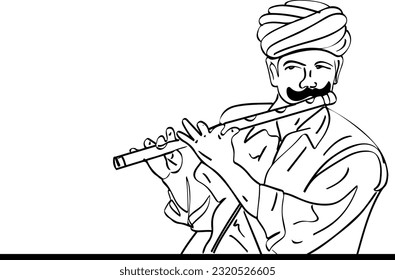 Melodies of Rajasthan Outline Sketch of a Turbaned Man Playing Flute, Sketch of a Rajasthani Man in Turban Engrossed in Music, Cultural Melodies, Whispers of Rajasthan