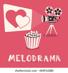 Melodrama in the cinema. Romantic film with popcorn. Amorous movie on an old projector