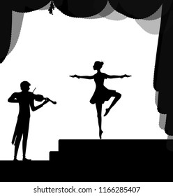 melody for dancing, balerina dancing on the stage and violinist playing, vector