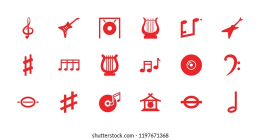 Melody icon. collection of 18 melody filled icons such as gong, disc and music note, guitar, music note, musical sharp, harp, note. editable melody icons for web and mobile.