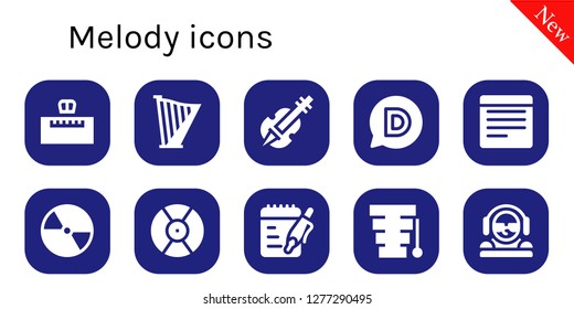  melody icon set. 10 filled melody icons. Simple modern icons about  - Piano, Harp, Violin, Disqus, Notes, Compact disc, DJ, Xylophone