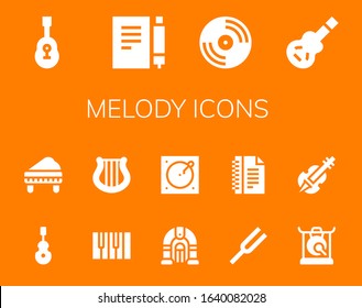 melody icon set. 14 filled melody icons. Included Guitar, Note, Vinyl, Electric guitar, Instrument, Piano, Harp, Jukebox, Turntable, Diapason, Notes, Gong, Violin icons