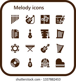 melody icon set. 16 filled melody icons.  Simple modern icons about  - Flute, Guitar, Note, Notes, Instrument, Xylophone, Harp, Tambourine, Electric piano, Vinyl, Jukebox, Piano