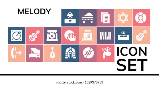 melody icon set. 19 filled melody icons.  Simple modern icons about  - DJ, Turntable, Outgoing call, Piano, Guitar, Jukebox, Compact disc, Bagpipes, Violin, Gong, Music album