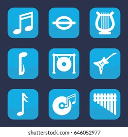 Melody icon. set of 9 filled melody icons such as music note, harmonica, guitar, gong, harp