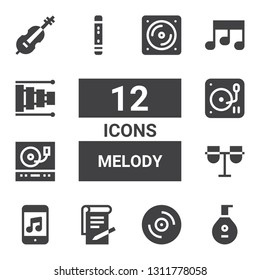 melody icon set. Collection of 12 filled melody icons included Lute, Vinyl, Notes, Music, Conga, Turntable, DJ, Flute, Xylophone, Cello