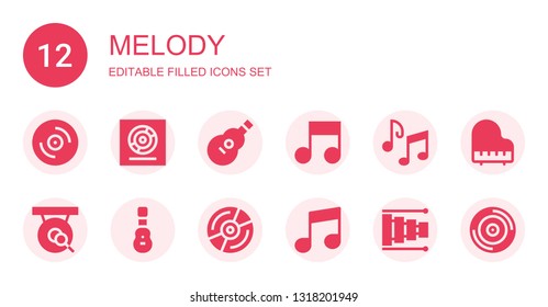 melody icon set. Collection of 12 filled melody icons included Vinyl, Acoustic guitar, Music, Music notes, Gong, Musical note, Xylophone, Piano