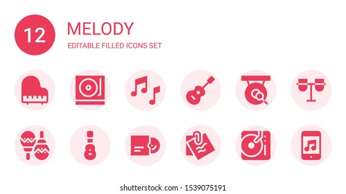 melody icon set. Collection of 12 filled melody icons included Piano, Turntable, Music, Guitar, Gong, Maracas, Acoustic guitar, Vinyl, Note, DJ, Conga