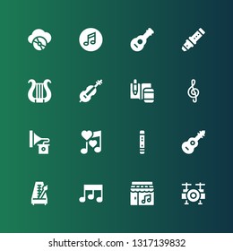 melody icon set. Collection of 16 filled melody icons included Drum set, Music, Metronome, Guitar, Flute, Romantic music, Gramophone, Note, Notes, Cello, Lyre, Compact disc