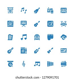 melody icon set. Collection of 25 filled melody icons included Xylophone, Music, Note, Gong, Electric guitar, Cello, Guitar, Compact disc, Conga, Jukebox, Harp, Drum set, DJ, Piano