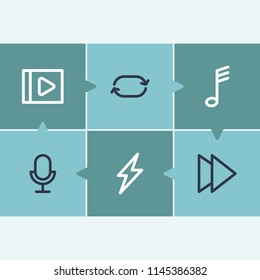 Melody icon set and musical disk with studio microphone, flash and forward. Next related melody icon vector for web UI logo design.