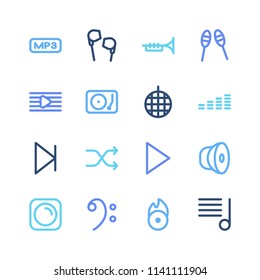 Melody icon set and next with trombone, bass sign and mp3 file. Melody list related melody icon vector for web UI logo design.