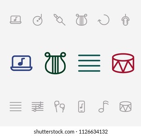 Melody icon set and note lines with harp, music and earphone. Jack related melody icon vector for web UI logo design.