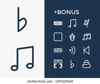 Melody icon set and stop with stage curtain, song note and note line. Pick related melody icon vector for web UI logo design.