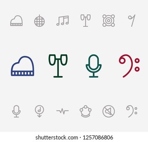 Melody icon set and studio microphone with download music, drums and disco ball. Piano related melody icon vector for web UI logo design.