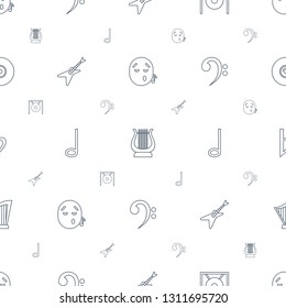 melody icons pattern seamless white background. Included editable line emoji listening music, harp, gong, guitar, music note, bass clef icons. melody icons for web and mobile.