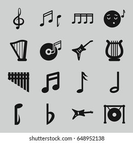 Melody icons set. set of 16 melody filled icons such as emoji listening music, treble clef, music note, harmonica, harp, guitar, gong, bemol, note