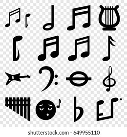 Melody icons set. set of 16 melody filled icons such as emoji listening music, treble clef, bass clef, music note, harmonica, bemol, harp, note