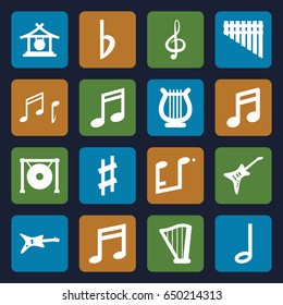 Melody icons set. set of 16 melody filled icons such as gong, treble clef, music note, harmonica, harp, guitar, musical sharp, bemol