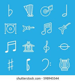 melody icons set. Set of 16 melody outline icons such as gong, treble clef, bass clef, music note, harp, guitar, musical sharp, bemol, disc and music note