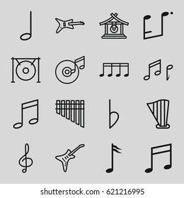 Melody icons set. set of 16 melody outline icons such as gong, treble clef, music note, harmonica, harp, guitar, bemol, note