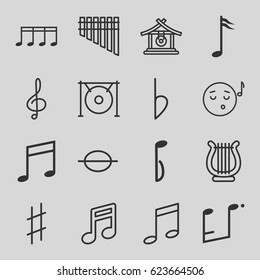 Melody icons set. set of 16 melody outline icons such as gong, treble clef, music note, harmonica, musical sharp, bemol, harp, emoji listening music