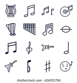 Melody icons set. set of 16 melody outline icons such as treble clef, music note, harmonica, harp, guitar, musical sharp, note, disc and music note
