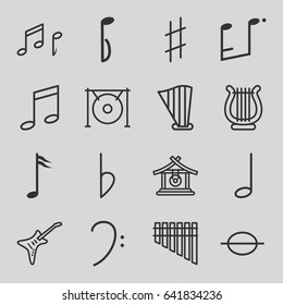 Melody icons set. set of 16 melody outline icons such as gong, bass clef, music note, harmonica, harp, guitar, musical sharp, bemol