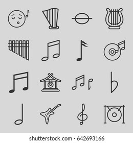Melody icons set. set of 16 melody outline icons such as gong, treble clef, music note, harmonica, harp, guitar, bemol, note, disc and music note
