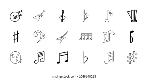 Melody icons. set of 18 editable outline melody icons: note, treble clef, music note, harp, musical sharp, bemol, disc and music note, guitar, emoji listening music