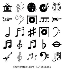 Melody icons. set of 25 editable filled and outline melody icons such as gong, note, music note, guitar, treble clef, bemol, disc and music note, bass clef, harp