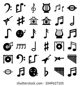 Melody icons. set of 36 editable filled melody icons such as gong, emoji listening music, music note, guitar, bass clef, harmonica, musical sharp, bemol, harp, note