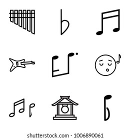 Melody icons. set of 9 editable outline melody icons such as emoji listening music, guitar, music note, harmonica, bemol, note