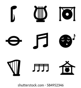 melody icons set. Set of 9 melody filled icons such as gong, emoji listening music, music note