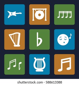melody icons set. Set of 9 melody filled icons such as emoji listening music, music note, harp, gong, bemol, note
