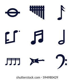 melody icons set. Set of 9 melody filled icons such as bass clef, music note, harmonica, guitar