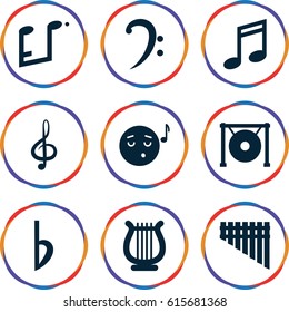 Melody icons set. set of 9 melody filled icons such as emoji listening music, treble clef, bass clef, harmonica, gong, bemol, music note